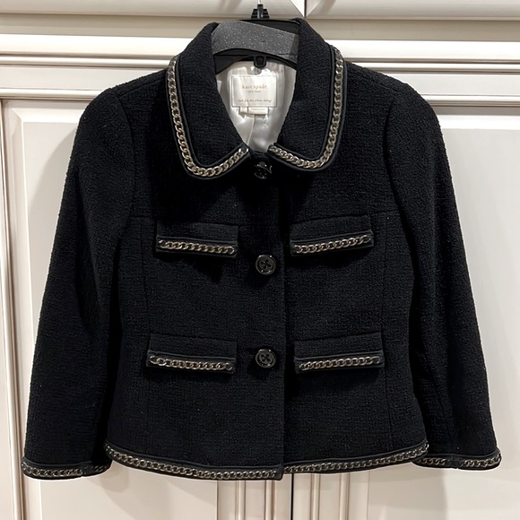 KATE SPADE BLACK WOOL BLEND CROPPED JACKET with Chain Detail size 00